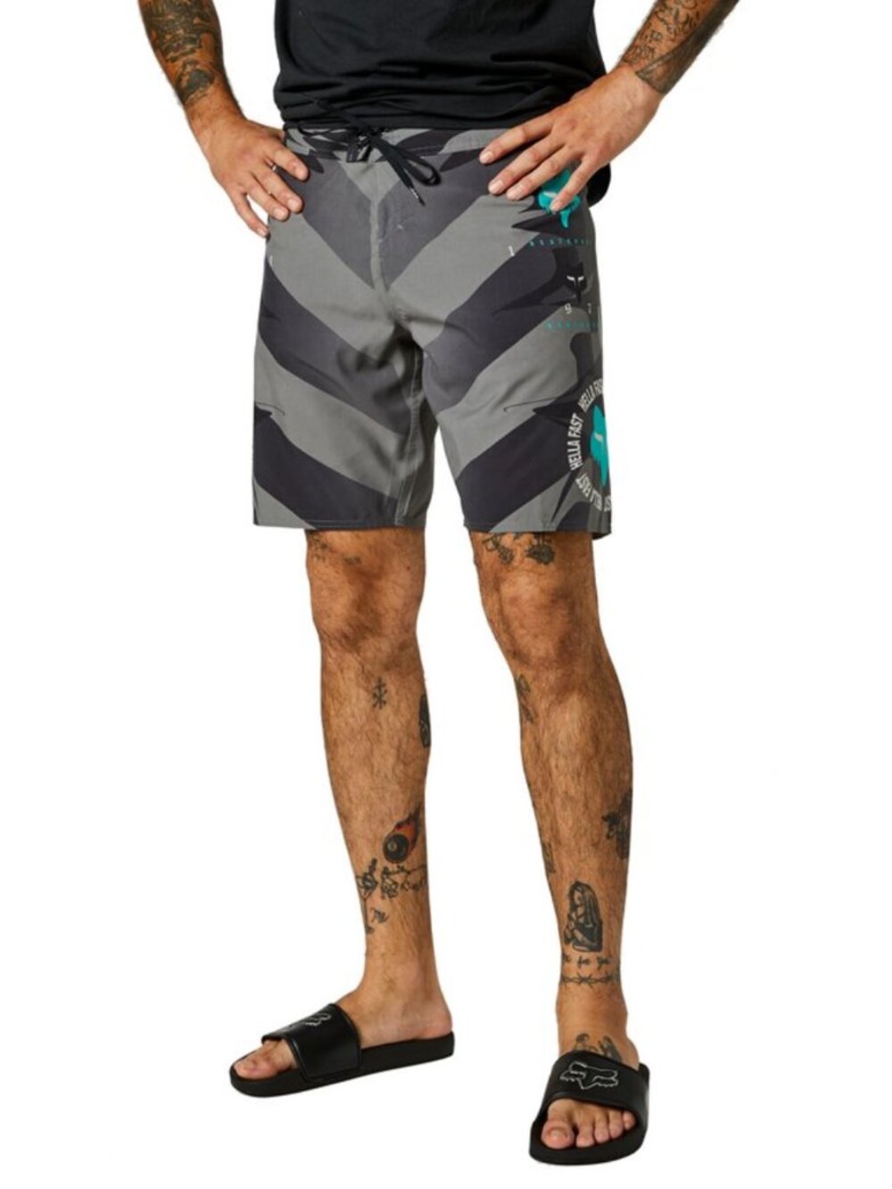 Fox Racing Gray Black Teal Swim Boardshorts 38 Chevron Surfing Beach Volleyball